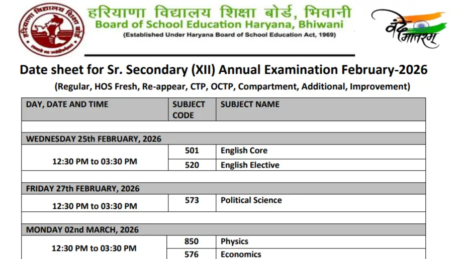 HBSE time table image